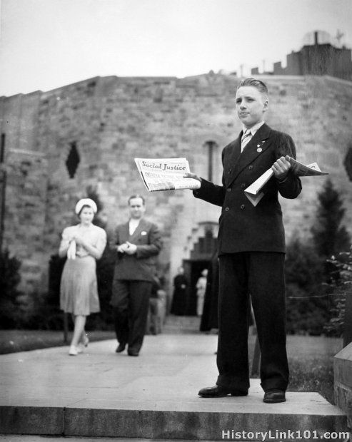 Newsboy is shown selling Father Coughhlin's own newspaper
