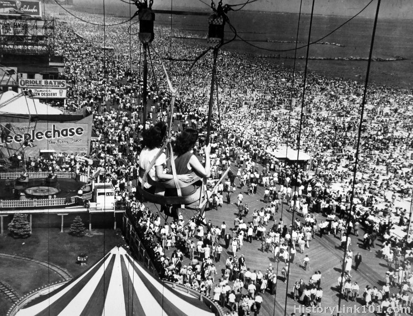 Beach crowds as seen from the Parachute Jump at Steeplechase Park, Coney Island