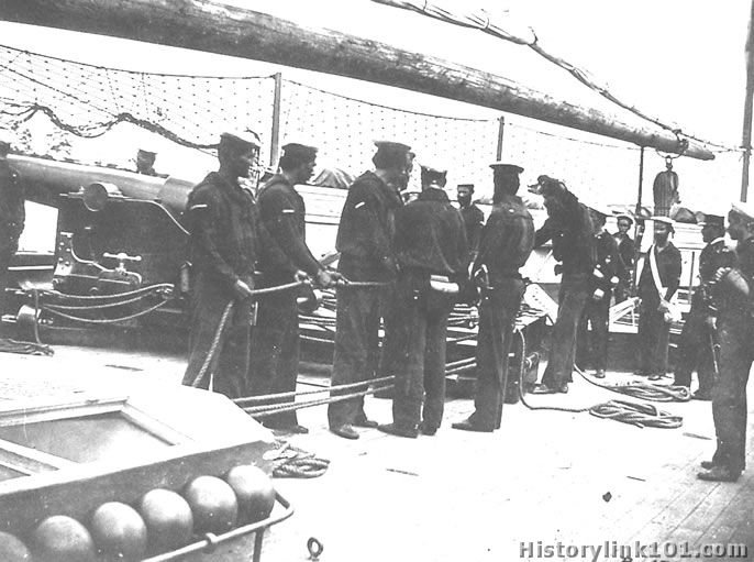 Gun crew on deck of Mendota on the James River