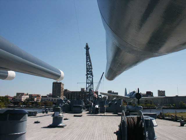 Royalty Free Picture of Battleship North Carolina's  16 inch guns looking aft